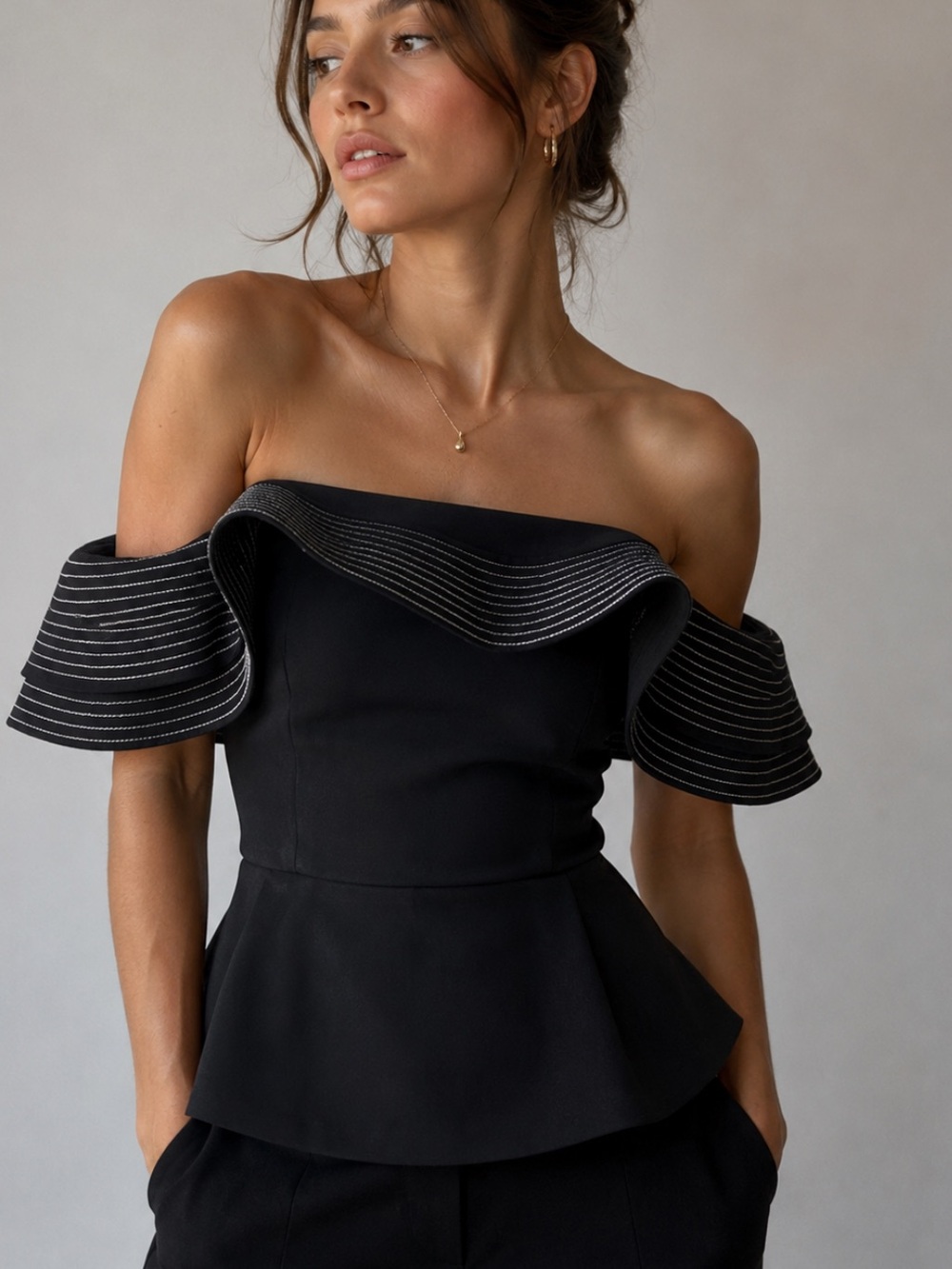 C/MEO Collective First Impression Off-The Shoulder Structured Peplum Top S